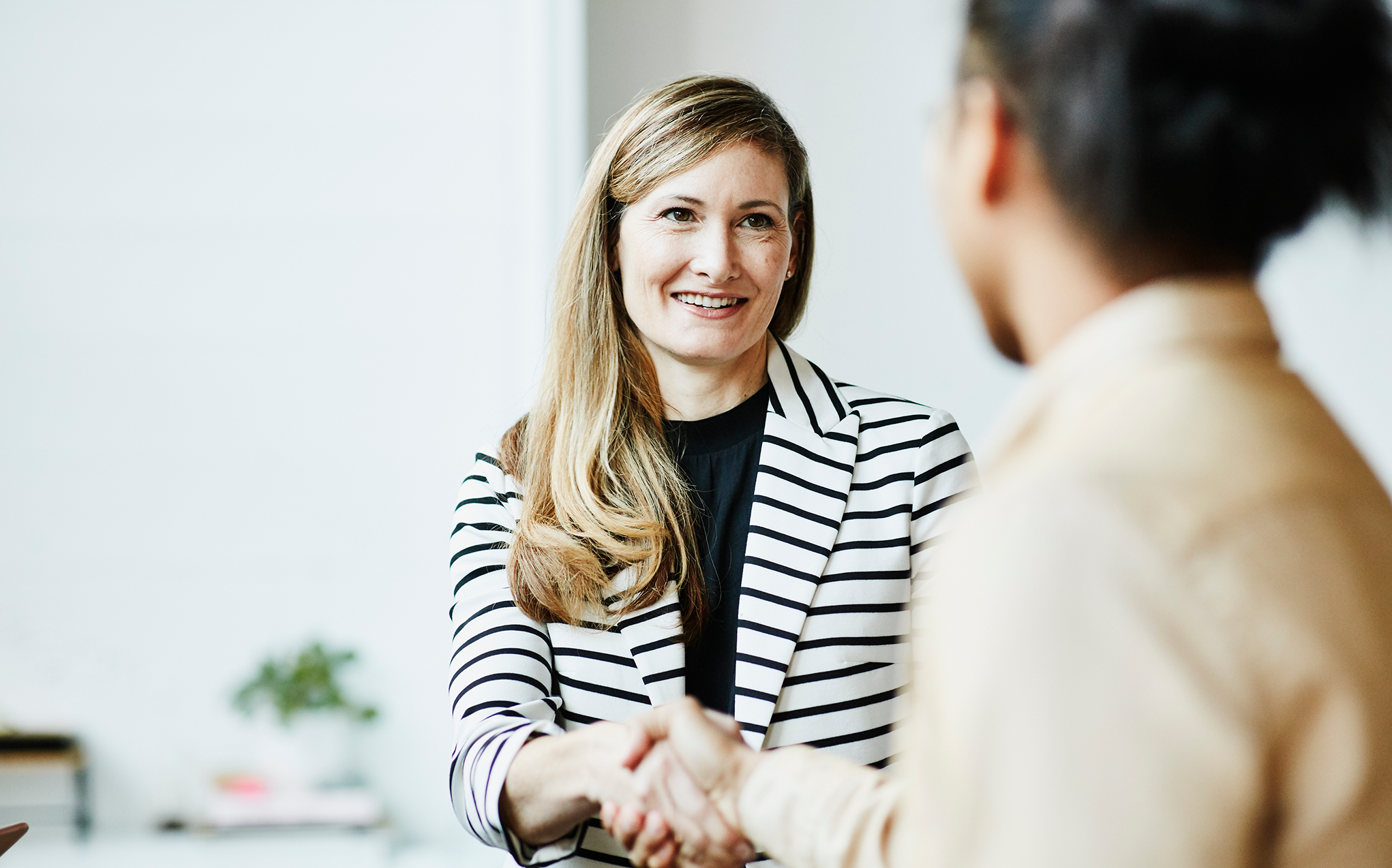 Smiling businesswoman shaking hands with client before meeting